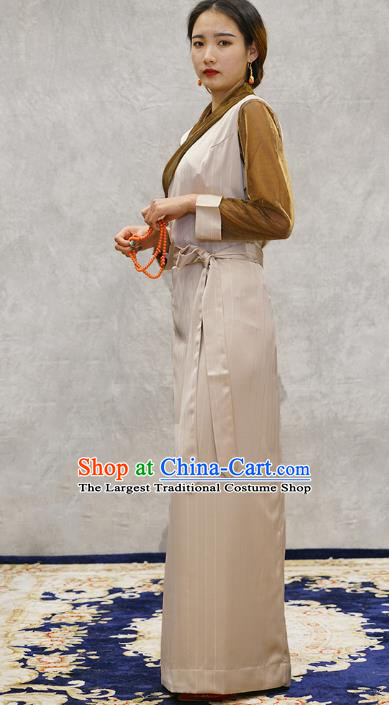 China Tibetan Ethnic Female Beige Dress Zang Nationality Bola Clothing