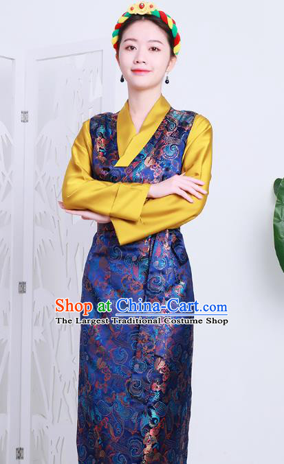 Chinese Royalblue Brocade Bola Dress Zang Nationality Woman Clothing Tibetan Minority Costume