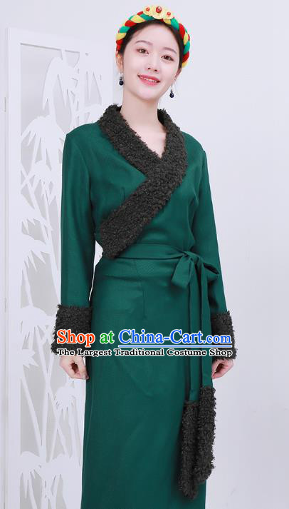 Chinese Tibetan Minority Green Woolen Bola Dress Costume Zang Nationality Woman Winter Clothing