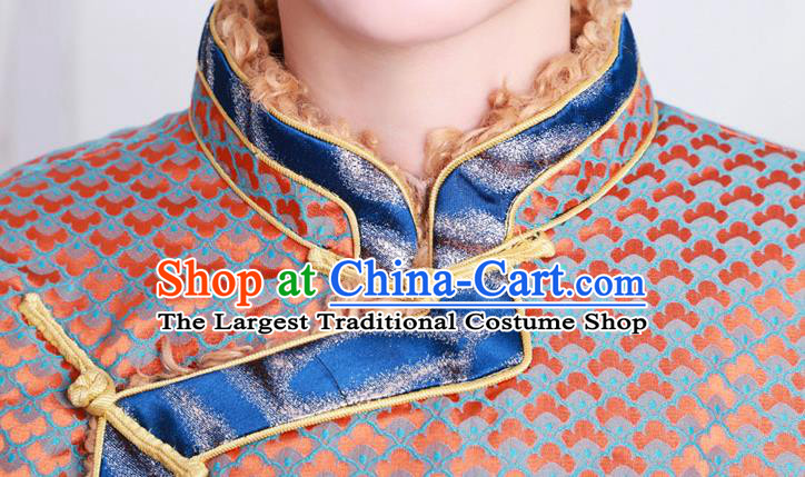 Chinese Tibetan Minority Pink Brocade Cotton Wadded Jacket Costume Zang Nationality Woman Winter Outer Garment Clothing