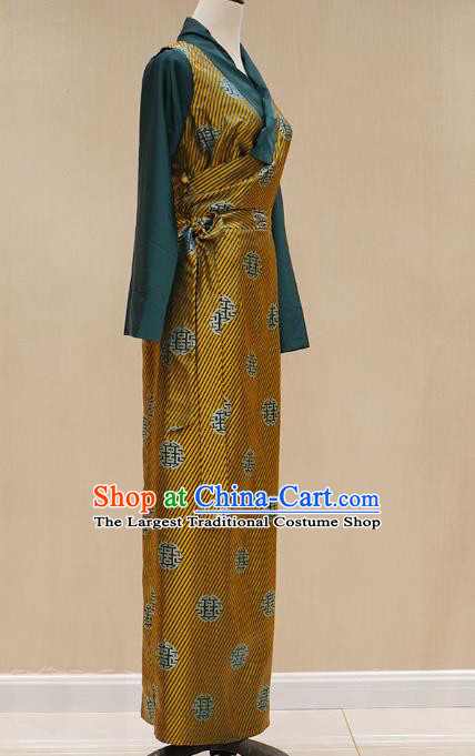 China Zang Nationality Golden Brocade Bola Dress Clothing Tibetan Ethnic Woman Stage Performance Costume