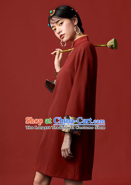 China Zang Nationality Red Dress Clothing Tibetan Ethnic Young Lady Costume