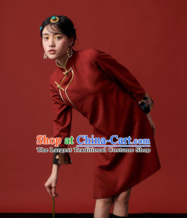 China Zang Nationality Red Dress Clothing Tibetan Ethnic Young Lady Costume