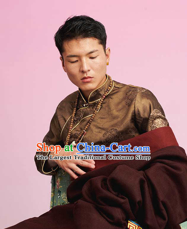 Chinese Zang Nationality Upper Outer Garment Clothing Tibetan Ethnic Male Brown Brocade Shirt