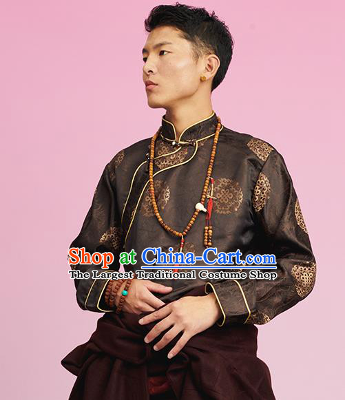 Chinese Tibetan Ethnic Male Deep Brown Brocade Shirt Zang Nationality Upper Outer Garment Clothing