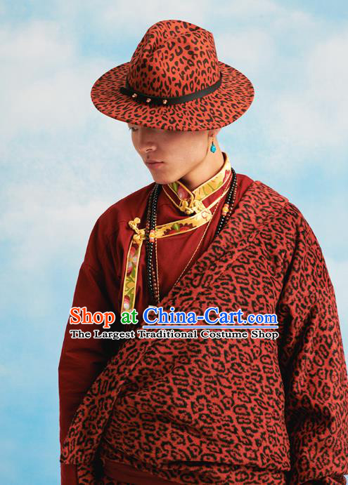 Chinese Zang Nationality Winter Outer Garment Clothing Tibetan Ethnic Red Woolen Leopard Robe