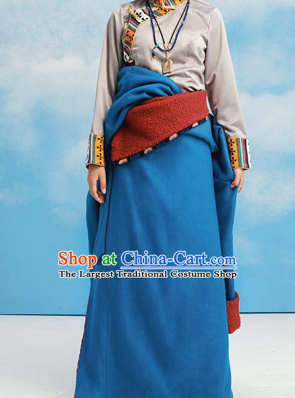 China Tibetan Ethnic Blue Robe Costume Zang Nationality Woman Folk Dance Clothing