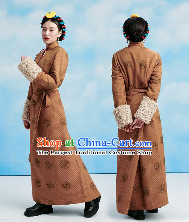 China Zang Nationality Ginger Lamb Wool Bola Dress Clothing Tibetan Ethnic Woman Winter Costume