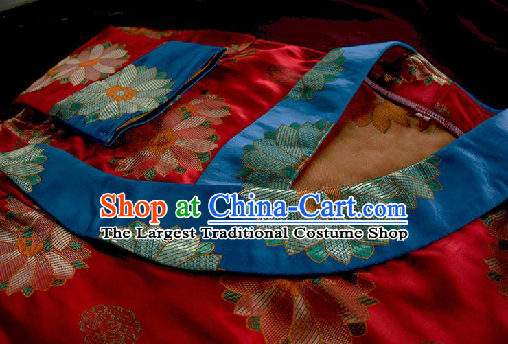 China Tibetan Ethnic Woman Folk Dance Clothing Zang Nationality Red Brocade Bola Dress