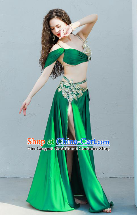 Traditional Oriental Dance Stage Performance Clothing Asian Indian Belly Dance Green Bra and Skirt Outfits