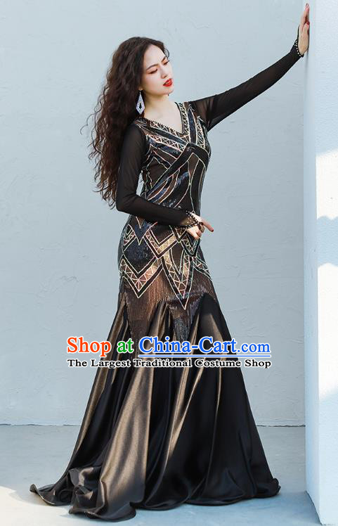 India Traditional Belly Dance Clothing Asian Oriental Dance Black Fishtail Dress