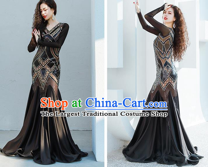 India Traditional Belly Dance Clothing Asian Oriental Dance Black Fishtail Dress