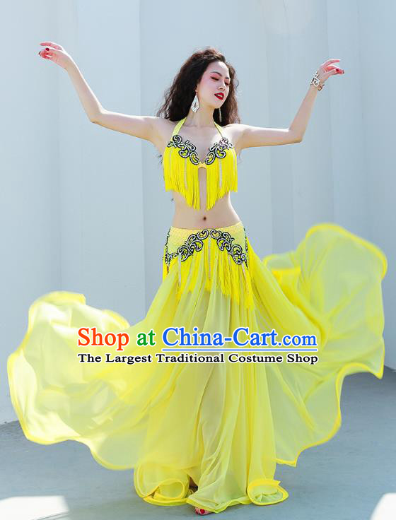 Indian Belly Dance Luxury Outfits Traditional Asian Oriental Dance Group Dance Clothing Yellow Tassel Bra and Skirt
