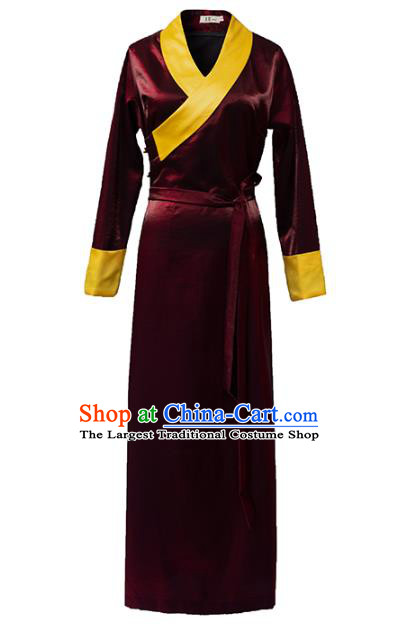China Traditional Tibetan Ethnic Woman Clothing Zang Nationality Kangba Wine Red Bola Dress