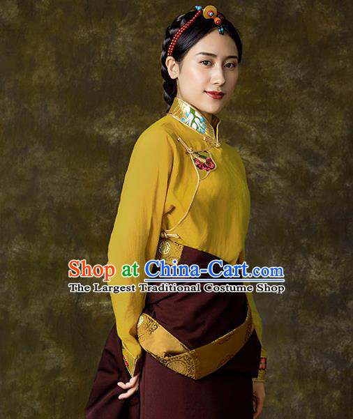 Chinese Tibetan Ethnic Yellow Blouse Zang Nationality Embroidered Shirt Clothing