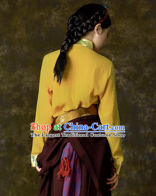Chinese Tibetan Ethnic Yellow Blouse Zang Nationality Embroidered Shirt Clothing