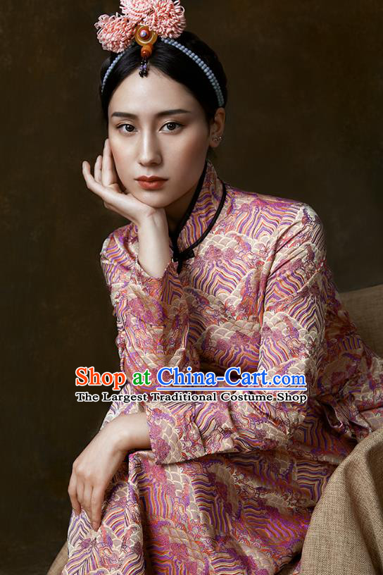 China Traditional Tibetan Ethnic Stage Performance Clothing Zang Nationality Pink Brocade Bola Dress