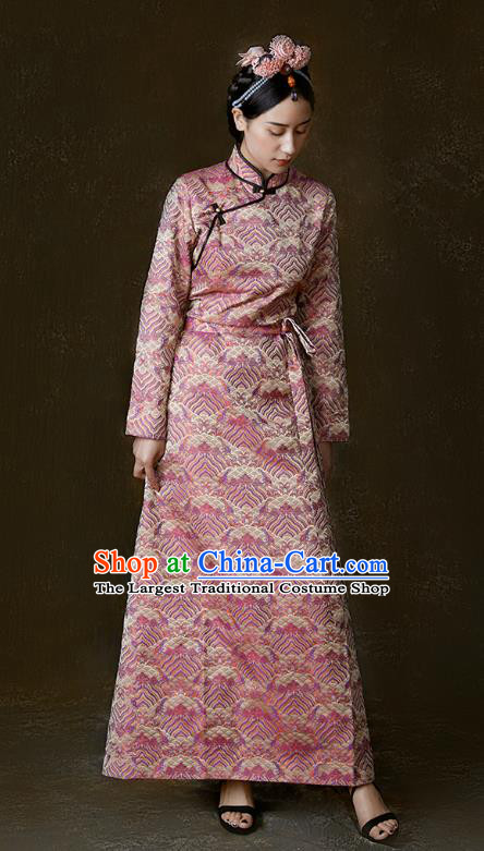 China Traditional Tibetan Ethnic Stage Performance Clothing Zang Nationality Pink Brocade Bola Dress