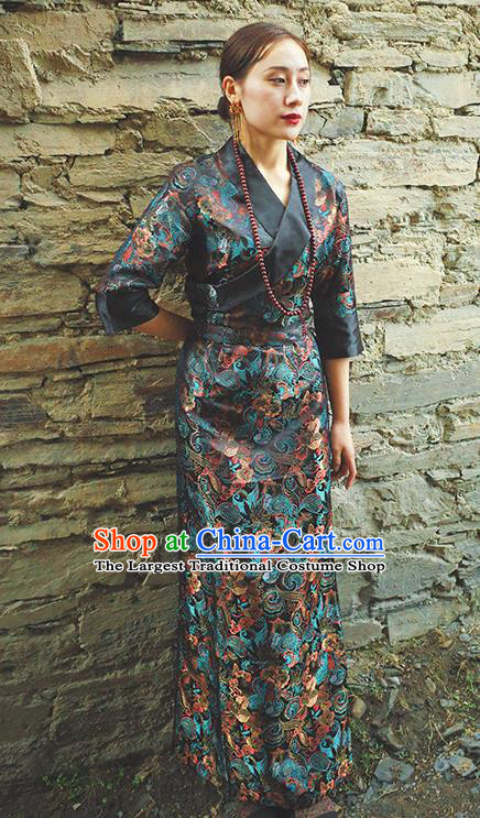 China Zang Nationality Navy Brocade Bola Dress Clothing Tibetan Ethnic Woman Costume