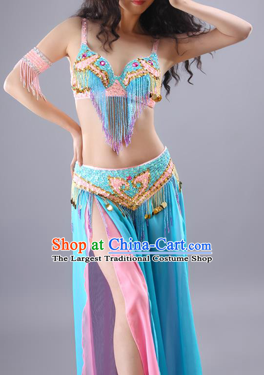 Traditional Asian Indian Belly Dance Stage Performance Clothing India Oriental Dance Beads Tassel Bra and Blue Skirt Outfits