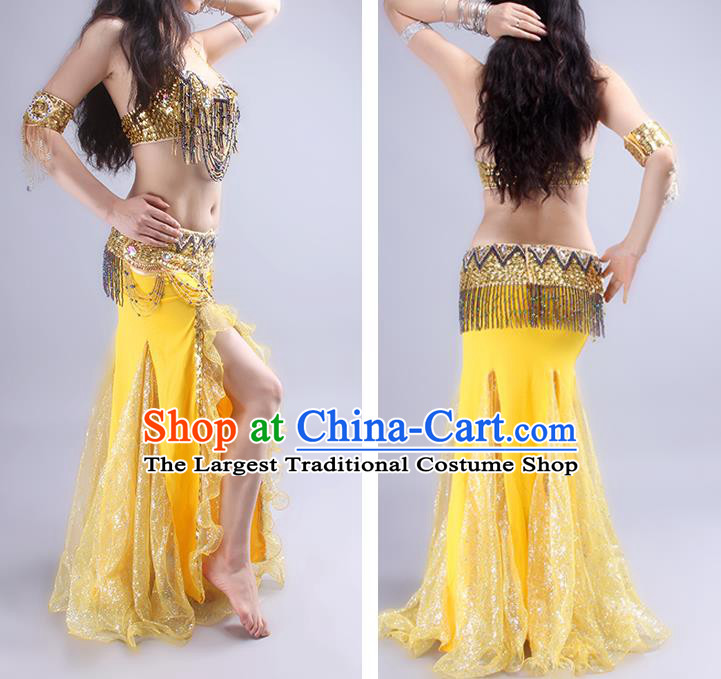 Asian Indian Raks Sharki Dance Clothing Traditional Oriental Dance Yellow Outfits India Belly Dance Bra and Skirt