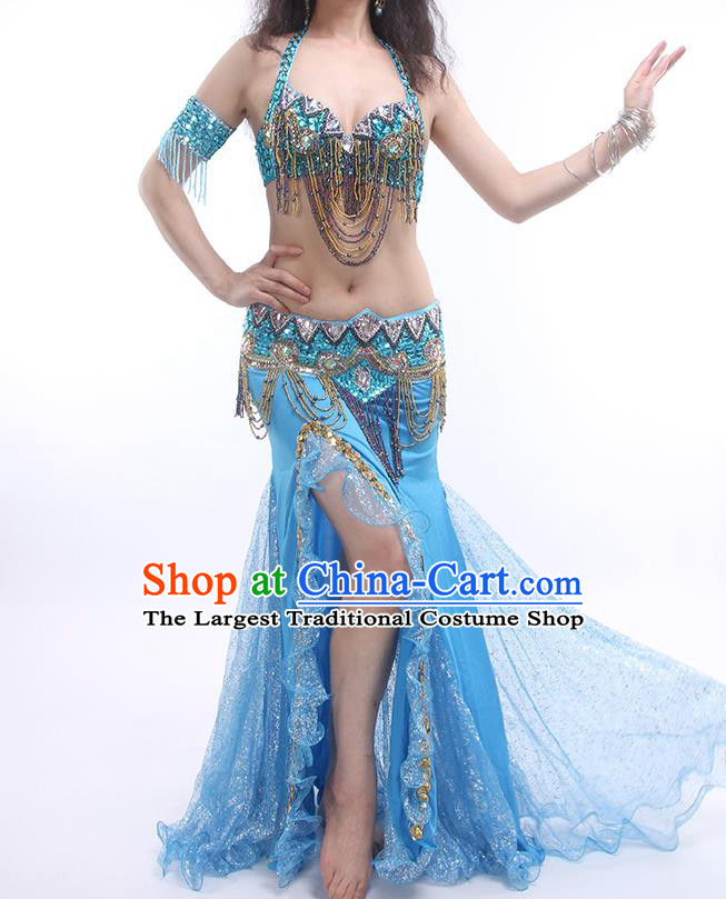 India Belly Dance Bra and Skirt Asian Indian Raks Sharki Dance Clothing Traditional Oriental Dance Blue Outfits
