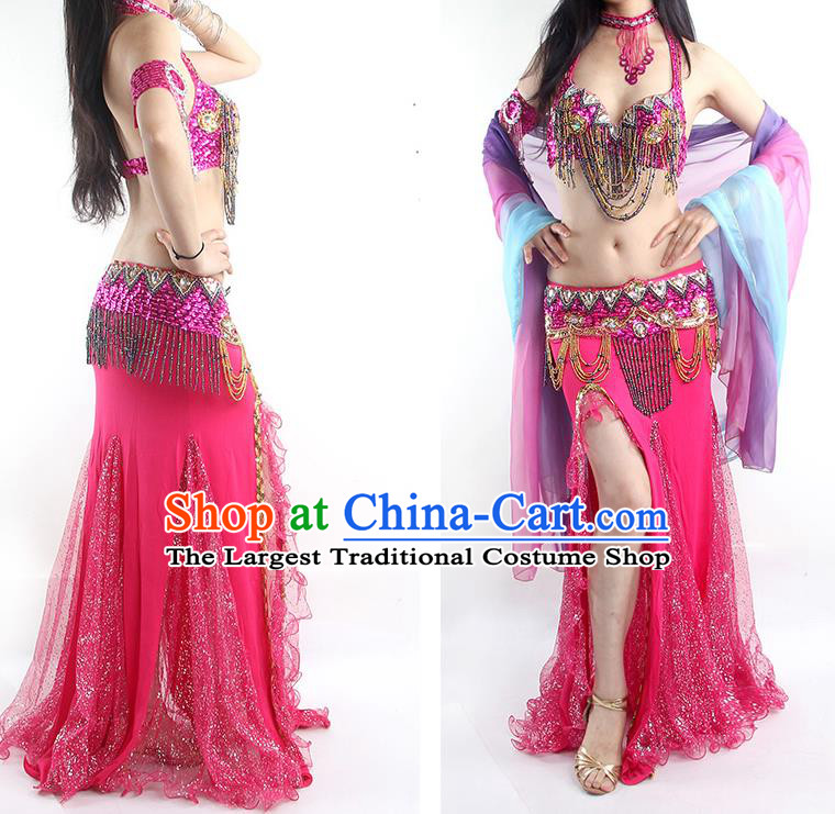 Traditional Oriental Dance Rosy Outfits India Belly Dance Bra and Skirt Asian Indian Raks Sharki Dance Clothing