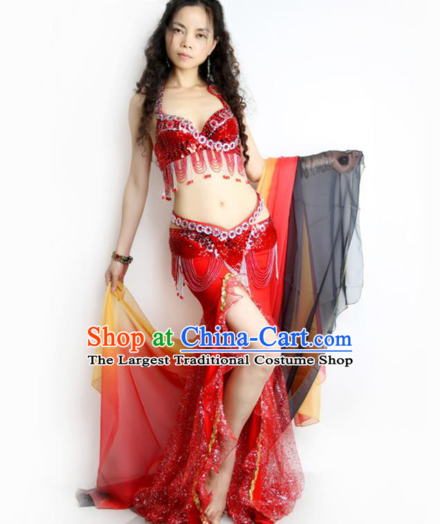 India Belly Dance Competition Beads Tassel Red Bra and Skirt Asian Traditional Indian Raks Sharki Dance Oriental Dance Costume