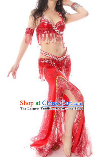 India Belly Dance Competition Beads Tassel Red Bra and Skirt Asian Traditional Indian Raks Sharki Dance Oriental Dance Costume