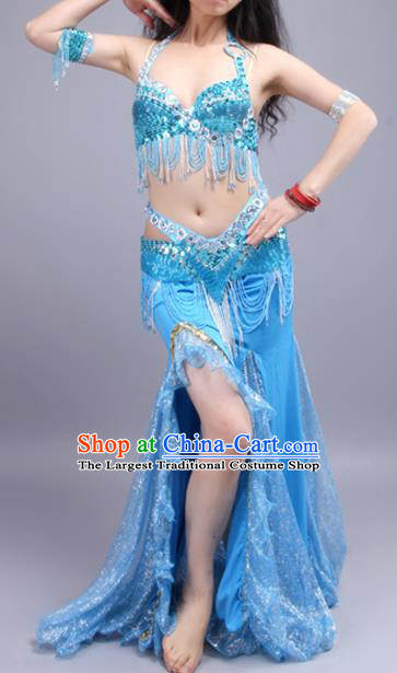 Traditional Indian Raks Sharki Beads Tassel Blue Bra and Skirt Asian India Belly Dance Competition Oriental Dance Costume