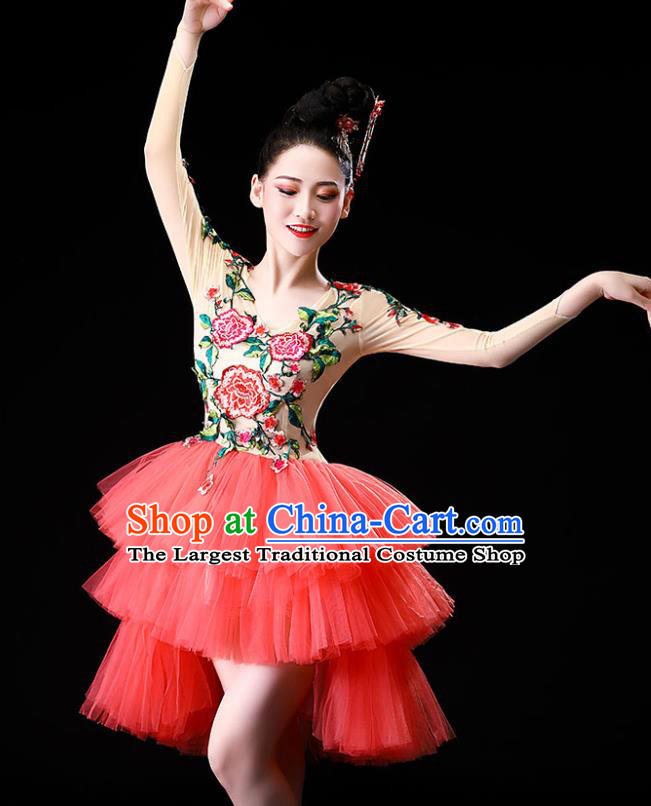China Jazz Dance Stage Performance Costume Modern Dance Embroidered Pink Bubble Dress