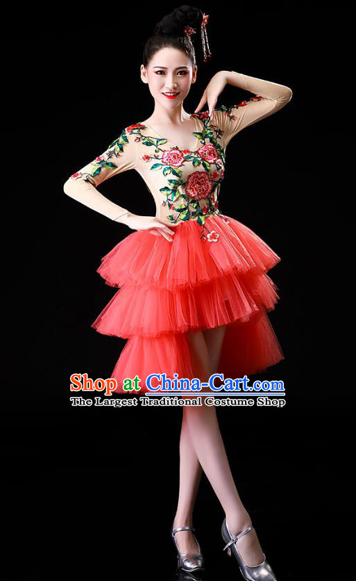 China Jazz Dance Stage Performance Costume Modern Dance Embroidered Pink Bubble Dress