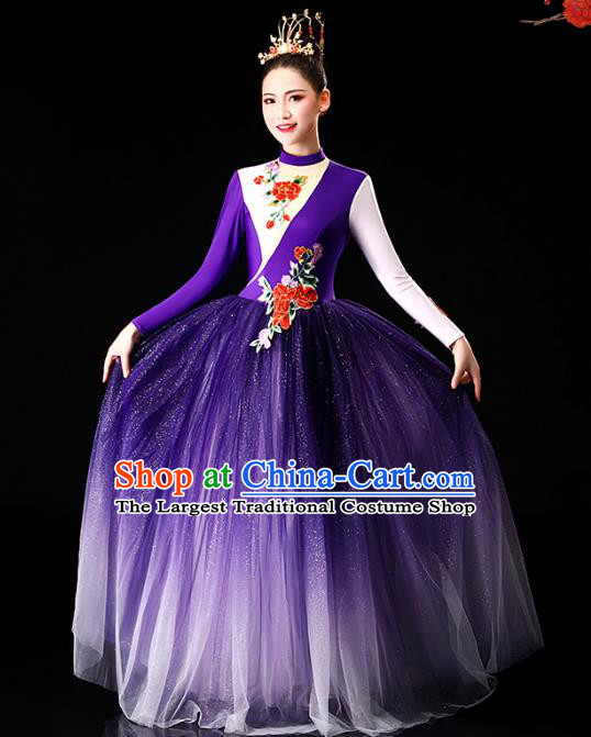 China Chorus Clothing Modern Dance Stage Performance Costume Opening Dance Purple Veil Dress