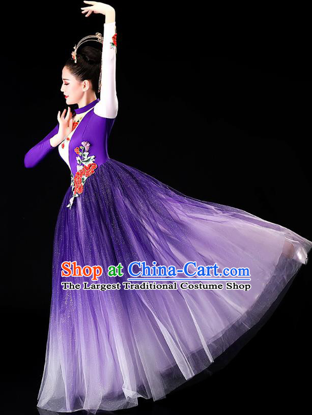 China Chorus Clothing Modern Dance Stage Performance Costume Opening Dance Purple Veil Dress