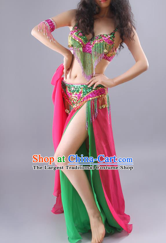 Traditional Asian Indian Belly Dance Group Dance Clothing India Oriental Dance Beads Tassel Bra and Green Skirt Outfits