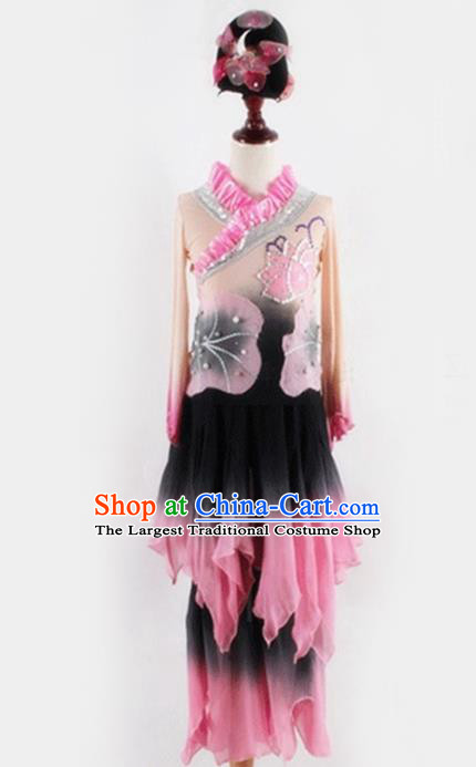 Chinese Classical Dance Pink Outfits Lotus Dance Stage Performance Clothing and Headwear