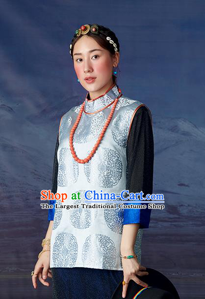 Chinese Tibetan Ethnic Light Blue Brocade Waistcoat Zang Nationality Vest Clothing