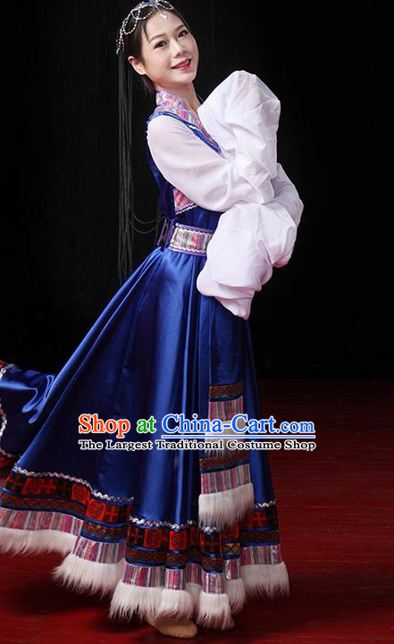 China Traditional Zang Ethnic Stage Performance Water Sleeve Clothing Tibetan Nationality Dance Royalblue Dress Outfits