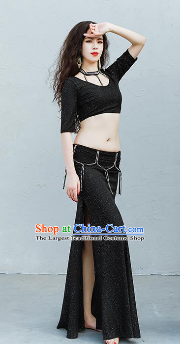 Asian Traditional Oriental Dance Training Black Top and Skirt Uniforms Indian Raks Sharki Belly Dance Woman Costume