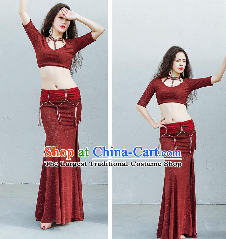 Indian Traditional Oriental Dance Dark Red Top and Skirt Uniforms Asian Raks Sharki Belly Dance Training Costume