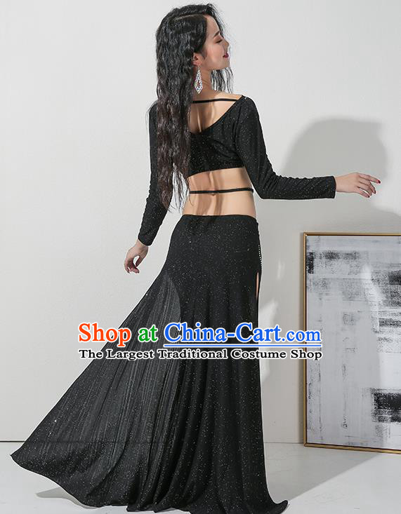 Asian Indian Belly Dance Training Black Top and Skirt Uniforms Traditional Raks Sharki Oriental Dance Costume