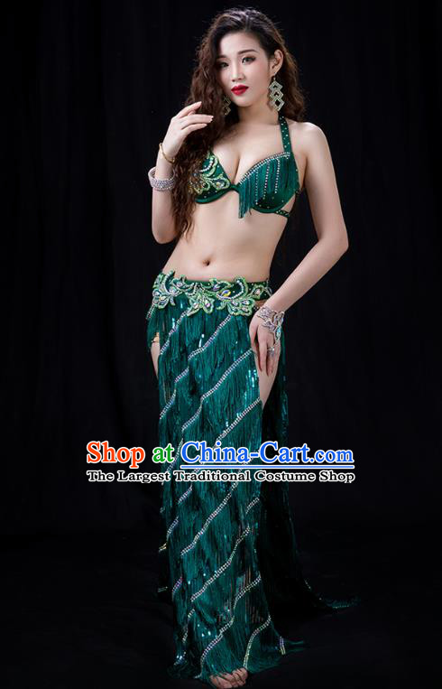 Traditional Asian Oriental Dance Stage Performance Costumes Indian Belly Dance Competition Green Tassel Bra and Skirt Sexy Uniforms