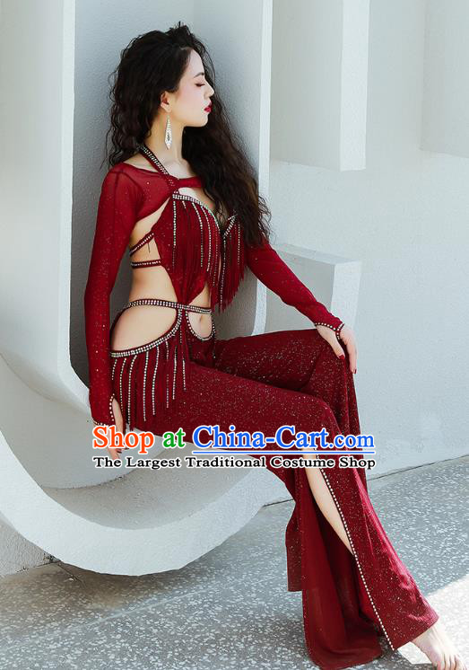 Asian Indian Belly Dance Wine Red Uniforms Traditional Raks Sharki Oriental Dance Jumpsuit Costume