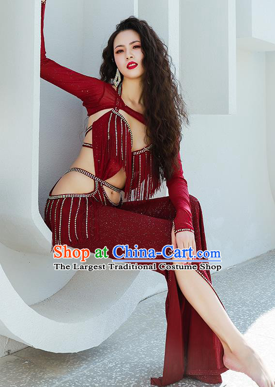 Asian Indian Belly Dance Wine Red Uniforms Traditional Raks Sharki Oriental Dance Jumpsuit Costume