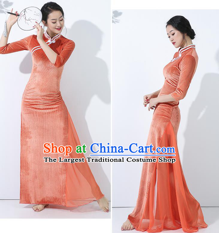 China Classical Dance Palace Fan Dance Orange Qipao Dress Traditional Stage Performance Clothing