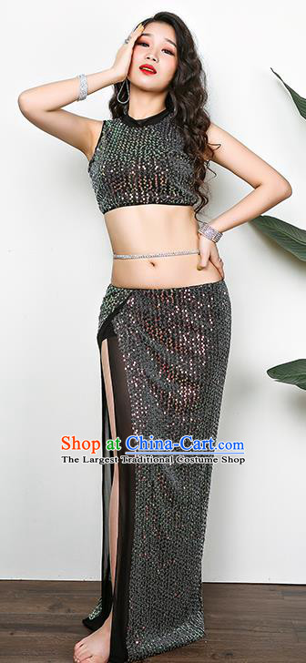 Traditional Asian Oriental Dance Training Costumes Indian Belly Dance Black Sequins Outfits