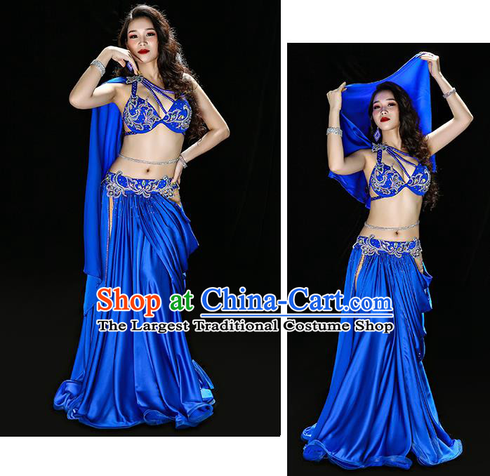 Indian Belly Dance Performance Blue Satin Outfits Traditional Asian Oriental Dance Bra and Skirt Costumes