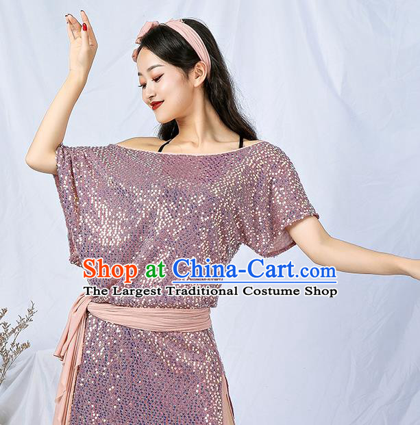 India Traditional Belly Dance Clothing Asian Oriental Dance Pink Sequins Robe