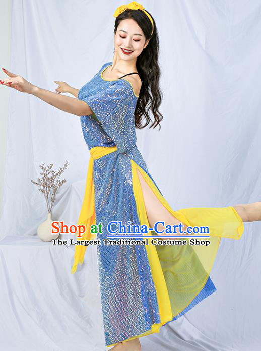 Asian Oriental Dance Sequins Robe India Traditional Belly Dance Stage Performance Blue Dress Clothing