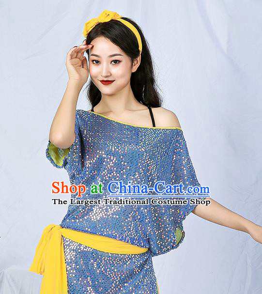Asian Oriental Dance Sequins Robe India Traditional Belly Dance Stage Performance Blue Dress Clothing